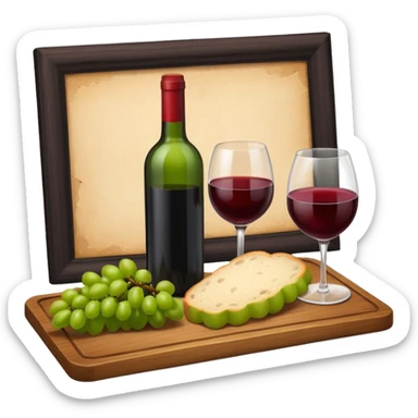 Make me some wine with bread and grapes, Do it on a board, so it looks elegant sticker