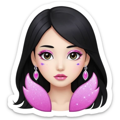 asian long black hair silver grey eyes glossy lips glittery white and pink eyeshadow girl sticker