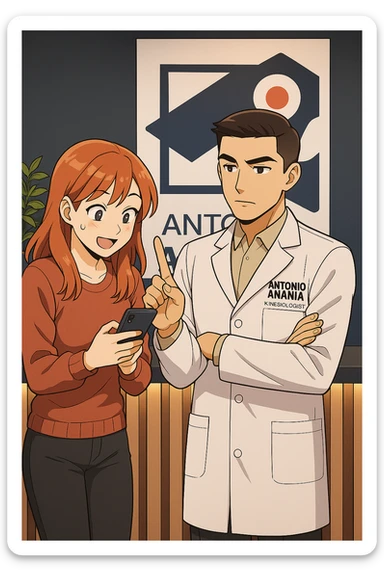 su questo stile fai un manga/webtoon a colori in cui una donna CONTROLLA ENTUSIASTA LO SMARTPHONE MENTRE PARLA CON L'UOMO, l'uomo della foto in stile manga LE DICE DI "NO" CON IL DITO, mantieni un ambiente simile alla foto che ho allegato con il suo logo (sarebbe il suo studio, lui è un kinesiologo), scrivigli "ANTONIO ANANIA" sul camice bianco, non mettere fumetti, ma fai in modo che sembri che la donna CONTROLLI LO SMARTPHONE E L'UOMO CON I GESTI LE FACCIA CAPIRE CHE STA SBAGLIANDO sticker