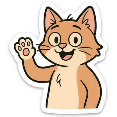a cute cat greeting with a paw raised, cheerful, minimal background, cartoon style sticker
