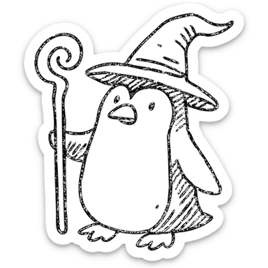 whimsical penguin wizard holding a staff, wearing a wizard hat, hand drawn outlined icon sticker