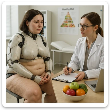 hyper realistic 4K gynoid woman consulting a nutritionist, fat on legs and thighs, clinical scene details sticker