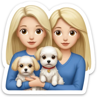 two women are holding one Maltese dog. one woman is brunette the other woman is blonde long haired  sticker