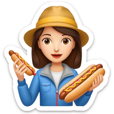 tourist brunette woman holding hot dog sticker
