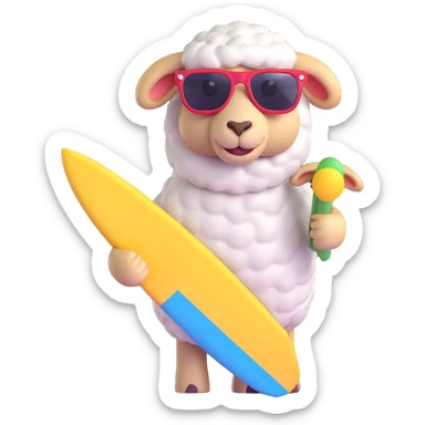 Add cool sunglasses to the sheep while keeping the surfboard and 3D emoji style the same. Remove the background. sticker