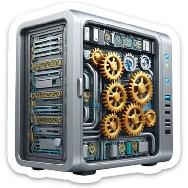 Computer server with gears and code symbols representing DevOps automation sticker