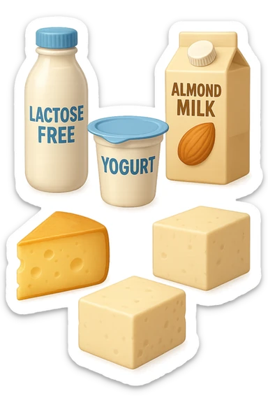 emoji stile iphone 3d di Latte e yogurt delattosati
Latte di mandorla (non zuccherato)
Latte di soia da proteine isolate
Formaggi stagionati (es. parmigiano)
Tofu compatto e tempeh
 che fluttuano in aria, iperealistico 4k sticker