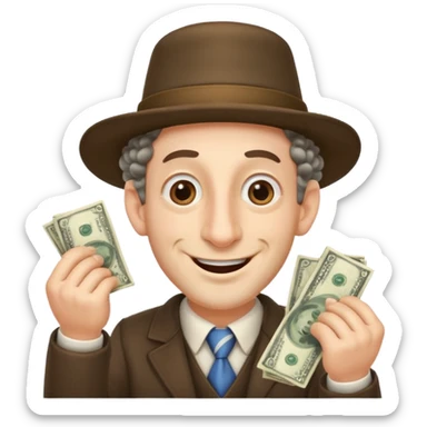 Jewish man with a big nose having his hands clenched together while smiling when he sees money , add the side curls and the funny hat , add the side curls please c sticker