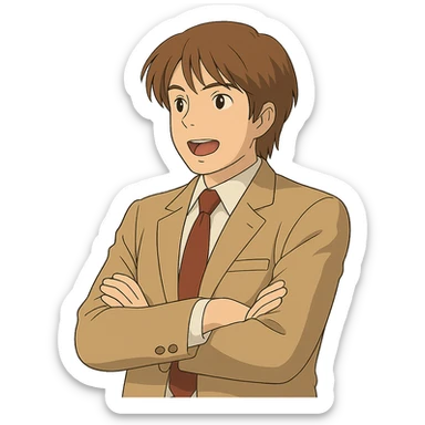 Make this exact Light Yagami in Ghibli style, standing with his arms crossed and talking, mouth open as if explaining, wearing the same suit, maintaining the same confident expression, with a transparent background. sticker