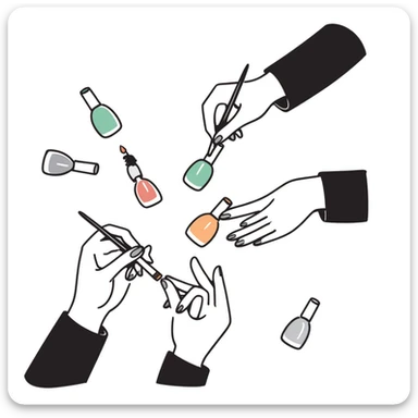 manicure scene with hands, painted nails, and nail polish bottles in pastel colors dd9fb0, ffc6d3, a3bfc9, c4bee2, f1b091, hand-drawn doodle style sticker