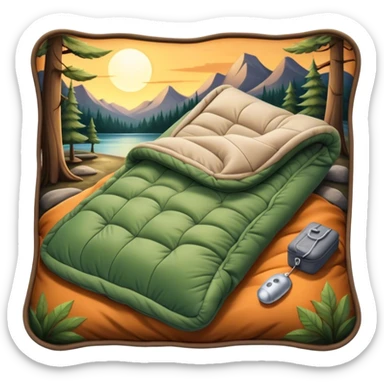 Cinematic Realistic Sleeping Bag, plush and slightly wrinkled, rich fabric texture catching the firelight, glowing with warmth and inviting coziness, nestled within a peaceful campsite. sticker