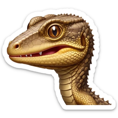 Cinematic Comical brown camo spotted monitor Lizard Portrait Emoji, Head tilted dramatically with an exaggeratedly shocked expression, featuring a robust, patterned body with wide, comically expressive eyes full of humorous disbelief, Simplified yet hilariously expressive features, highly detailed, glowing with a slightly sassy glow, high shine, dramatic yet playful, stylized with an air of quirky reptilian attitude, soft glowing outline, capturing the essence of a meme-worthy brown camo spotted monitor lizard that looks ready to side-eye its way into viral fame! sticker