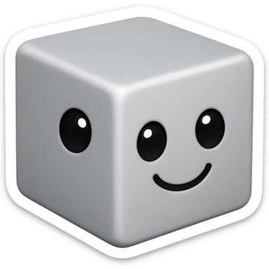 Create a 3D cube with a solid fill and a cute smiling face on one side, in the style of Apple emojis. The image should have no background (transparent). sticker