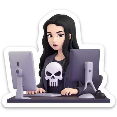 female Punisher skull character with long black hair working on computer sticker