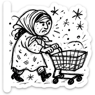 hand-drawn Uzbek woman with a shopping cart, chaotic energy sticker