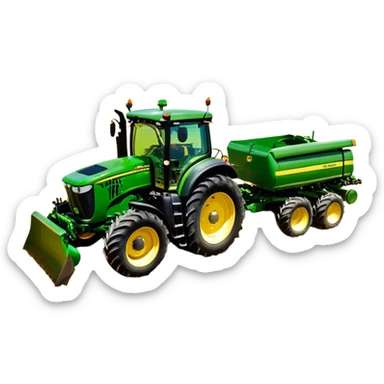 John Deere 6155M (2020) – Cinematic-realistic John Deere 6155M tractor, its iconic green and yellow body rolling across vast Australian farmlands. The powerful engine hums as it tows a massive plow, cutting through golden fields under a clear blue sky, dust rising in its wake. sticker