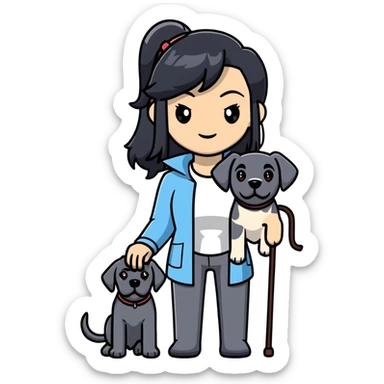 Woman with long black hair holding a black Cane Corso dog with cropped ears sticker