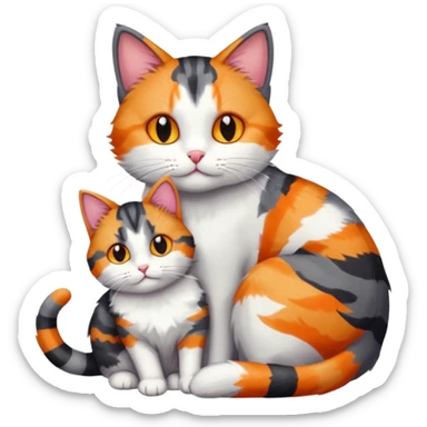 full body dark grey and white cat cuddling a colourful light patched calico + white tabby cat  sticker