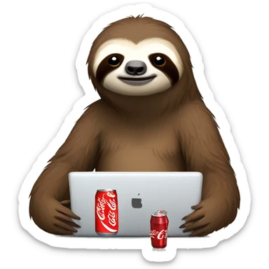 tired sloth with coca cola can and laptop sticker