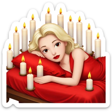 Low bed, red sheets, candles everywhere, woman reclining in shadowed control sticker