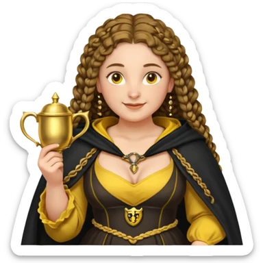 Helga Hufflepuff, 2 curly thick brown braids, yellow-black medieval dress, black cloak decorated with gold braiding, tiny two-handled shiny yellow-gold cup, very kind smile, curvy busty sweet woman, thick rosy cheeks sticker