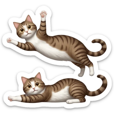 dark brown tabby and white cat with doing a big extremely long stretch reaching up into the air with arms and legs side by side together straight and overextended whilst lying on its side sticker
