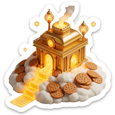 Exterior of a divine floating cookie factory, golden architecture with radiant pipes flowing with energy, infinite cookie stream from the entrance, glowing aura, celestial clouds surrounding it sticker