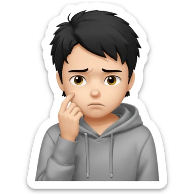 generate a pretty bratz fair skinned boy with messy black hair in a grey hoodie looking sad and bored with hand on chin sticker