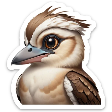 Cinematic Noble Kookaburra Portrait Emoji, Poised and regal, with a stout, robust build and a striking plumage of earthy browns and creams, a strong beak and deep-set soulful eyes, Simplified yet sharp and sophisticated features, highly detailed, glowing with a soft, dignified glow, high shine, intelligent and exuberant, stylized with an air of native woodland majesty, focused and attentive, soft glowing outline, capturing the essence of a watchful and confident bird, so majestic it feels as though it could laugh out of the screen with effortless authority! sticker
