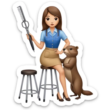 Woman standing by bar stool with beaver sitting on top holding a pair of hair clippers sticker