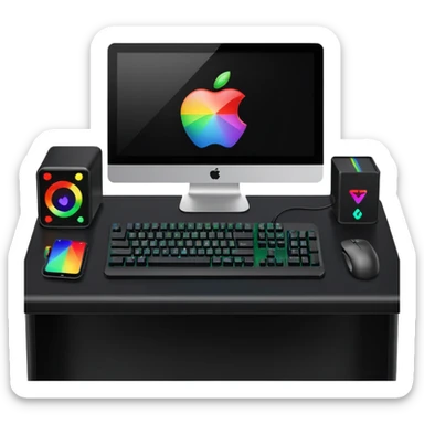 rgb gaming computer on black desk with a black keyboard and mouse sticker