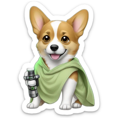 Corgi dress as yoda with one light saber green sticker