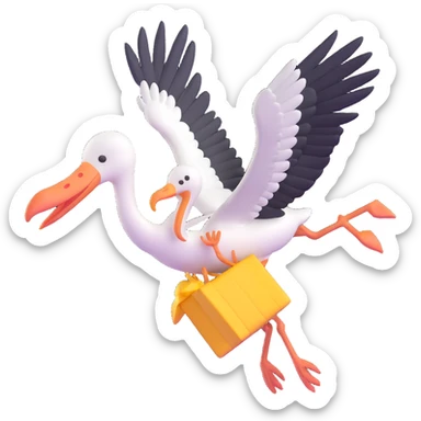 stork flying with a human baby in a bundle, stork looking proud sticker