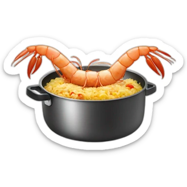 one tall shrimp dressed as a cook in an apron cooking fried rice in a skillet on a stovetop sticker