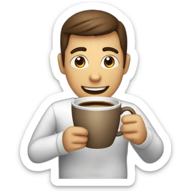 person with face visible nervous smile  and eyes wide open holding a cup of coffee sticker