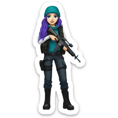Girl, white skin, tactical vest, dark pants, long teal hair, blue eyes, purple beanie, gun, black combat boots sticker