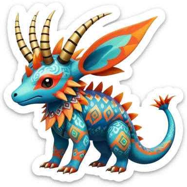 Colorful Exotic Pokémon-Fakémon-hybrid-creature (full body) with tribal intricate splash-markings and patterns and furs and scales and spikes and fins and horns  sticker