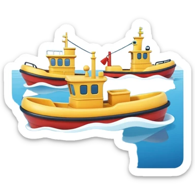 A 3D cartoon tugboat towing another boat on calm blue water, soft waves, clear sky, Memoji-style. sticker