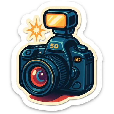 retro sticker style illustration of a DSLR camera with a flash on top, inspired by Canon 5D Mark III, bold outlines, glossy highlights, dramatic shadows, playful bright sticker look sticker