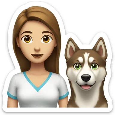 Brown hair  woman with blue eyes with a golden Husky with green eyes sticker