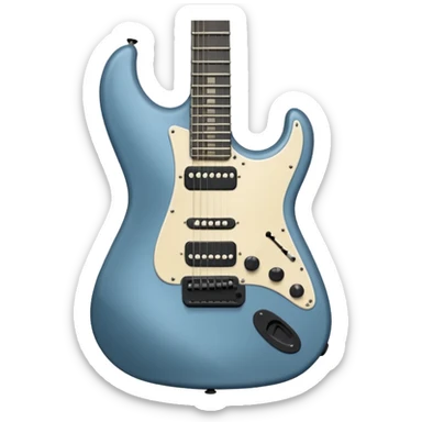 A gray-blue electric guitar with a black pick guard sticker