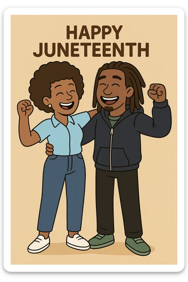 A woman Kinky hair light blue shirt blue jeans white shoes boy Dreadlocks dark brown hair green shuts navy blue zip up hoodie black jeans green shoes Bob Marley Vanessa Nakate Mae Jemison Happy JUNETEENTH sticker