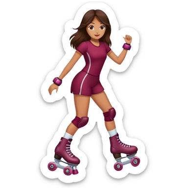 brunette long hair, tan skin, burgundy rollerskate sticker