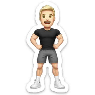amazed Open with surprise mouth Pale skinned Fit Man With the biceps and dark brown hair in black shirt, gray sports shorts and white Sneakers sticker