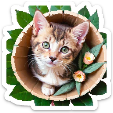 Kitten lying in the flower cone sticker