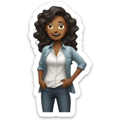 Happy vixen stands in a shirt, and uses her favourite app in the phone. She holds her phone and stares in it. sticker