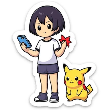 Mixed asian and european Girl with short black hair and pokemon  sticker