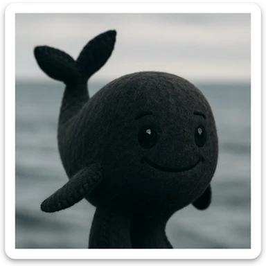 a black whale, plush portrait style sticker