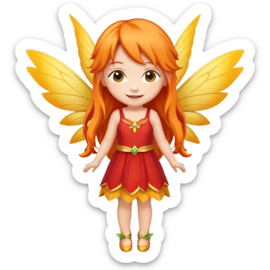 fairy with long orange hair, yellow wings, red dress, happy, chibi full body sticker