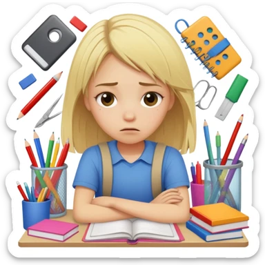 blonde straight-haired girl looking tired and frazzled, surrounded by messy school supplies, survival mode, last month of school sticker